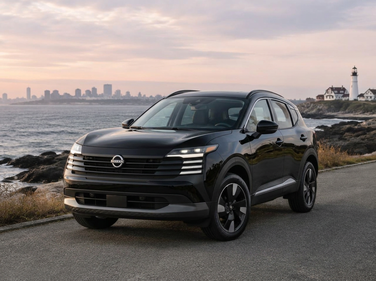 Illustrative photo of a black Nissan Kicks compact SUV on a coastal road